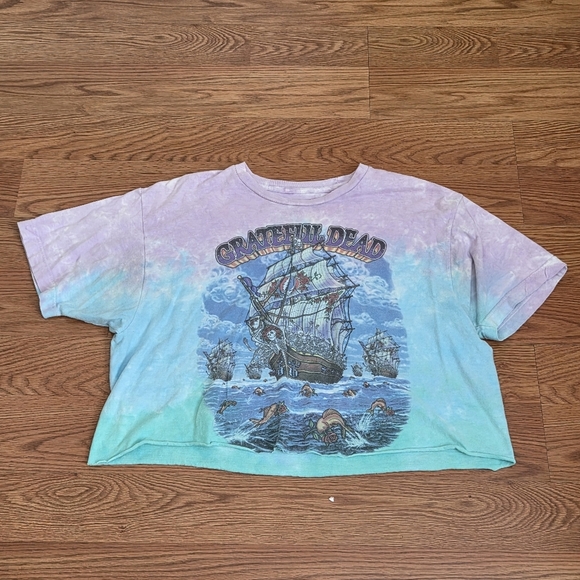 VINTAGE Y2K GRATEFUL DEAD Ship of Fools Liquid Blue Tie Dye T-Shirt Crop Top - Picture 1 of 10